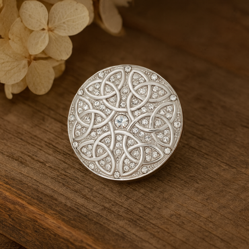 Keltische Magnetbrosche Silber – Vintage Design mit Glitzersteinen, Rund, Eleganter Modeschmuck
