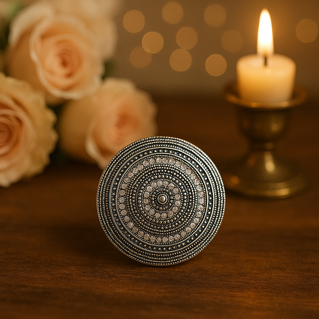 Magnetbrosche Kreis mit Glitzer – versilberte Brosche Ø 50mm